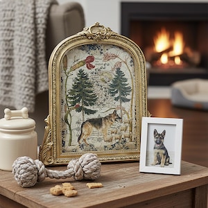 Puede incluir: Una imagen decorativa con marco dorado con una ilustración de perro, una pequeña foto enmarcada en blanco de un cachorro, un juguete para perros y un tarro de golosinas en forma de hueso sobre una mesa de madera. Una escena acogedora con una chimenea al fondo.