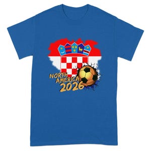 Blue t-shirt with Croatia flag, soccer ball, and "North America 2026" text.