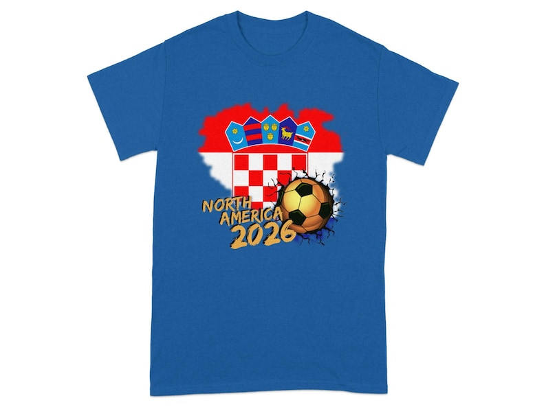 Blue t-shirt with Croatia flag, soccer ball, and "North America 2026" text.