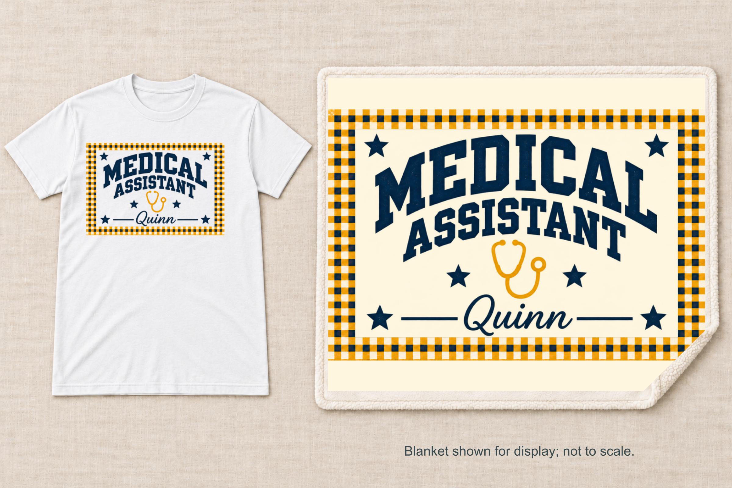 Personalized Medical Assistant Shirt or Sherpa Blanket, Custom Name MA Gift, Collegiate Gingham Design