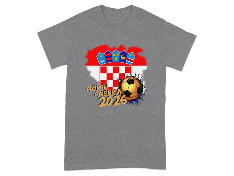 Gray t-shirt with cracked earth graphic and soccer ball, featuring Croatia flag and "NORTH AMERICA 2026".