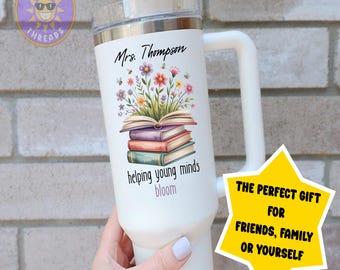 Personalized Teacher Tumbler With Name, Custom Teacher Cup, Teacher Appreciation Gift, Mentor Tumbler With Handle, Helping Young Minds Bloom