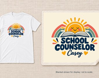 Personalized School Counselor Shirt or Sherpa Blanket, Custom Name Gift, Rainbow Sun and Book Design