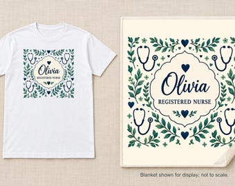 Personalized Nurse Shirt or Sherpa Blanket, Custom Name RN Gift, Botanical Stethoscope Design