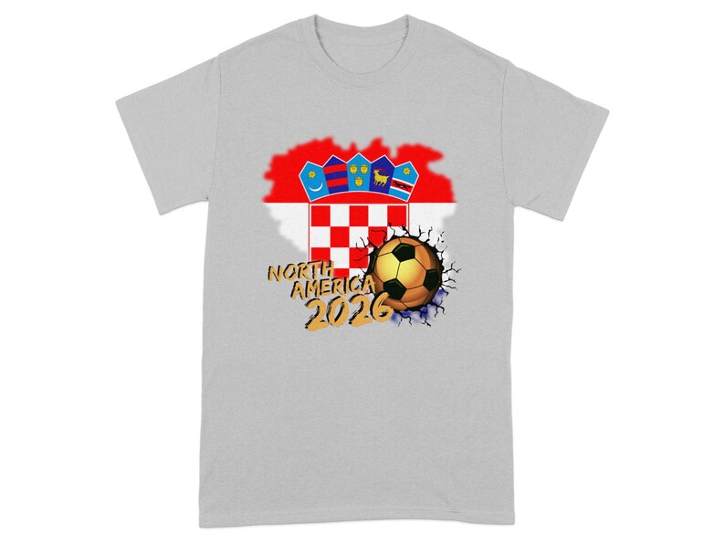Grey t-shirt with Croatia flag, cracked soccer ball, and "NORTH AMERICA 2026" text.
