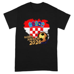 Black t-shirt with Croatia flag map, soccer ball, and "North America 2026".