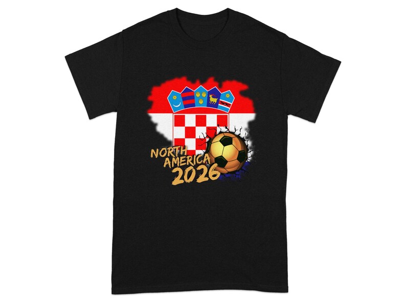Black t-shirt with Croatia flag map, soccer ball, and "North America 2026".