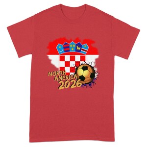Red t-shirt with "North America 2026" and soccer ball, featuring Croatian flag design.