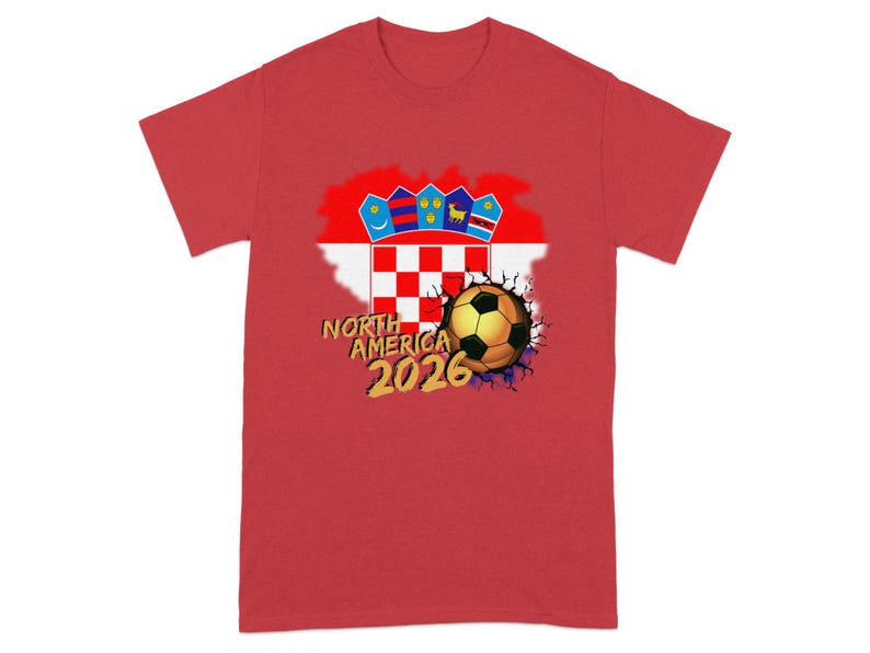 Red t-shirt with "North America 2026" and soccer ball, featuring Croatian flag design.