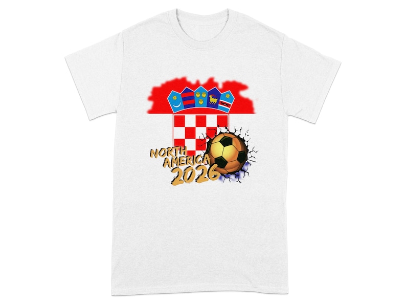 White t-shirt with Croatia flag, soccer ball, and "North America 2026" text.