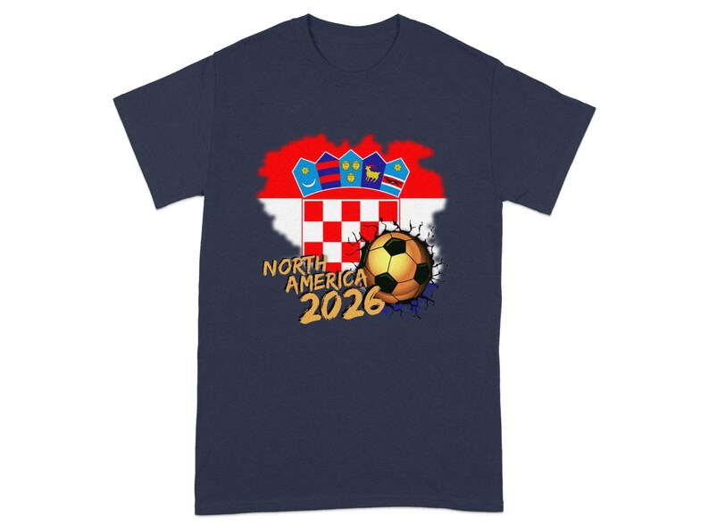 T-shirt with Croatia flag map and soccer ball, "North America 2026" text.