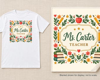 Personalized Teacher Shirt or Sherpa Blanket, Custom Name Educator Gift, Apple and Pencil Design