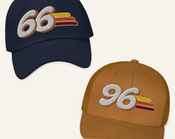 Retro Birth Year Hat Embroidered Striped Year Dad Hat or Trucker Hat Birthday Gift