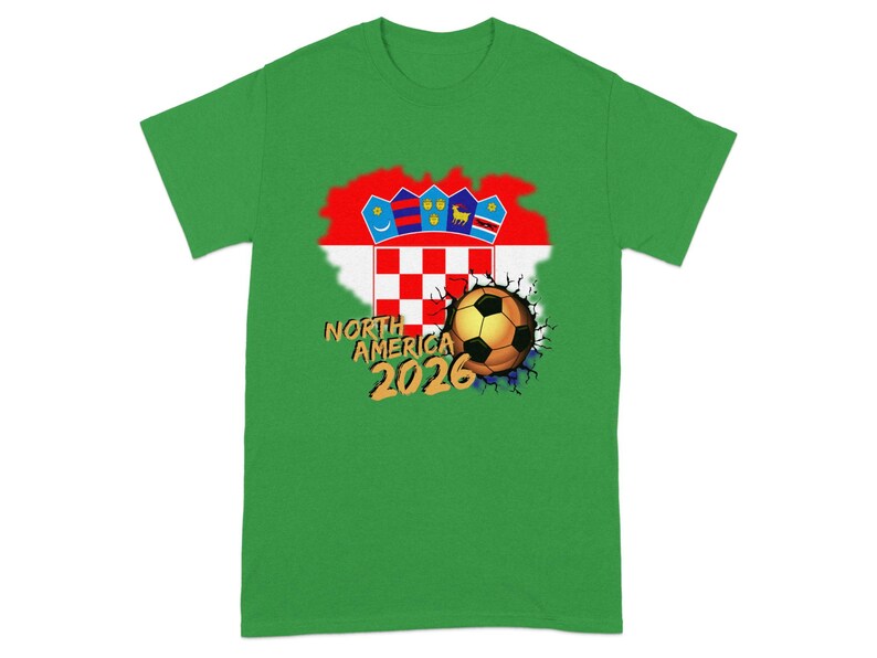 Green t-shirt with Croatia flag, soccer ball, and "NORTH AMERICA 2026" text.