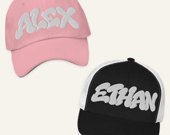 Personalized Name Hat White Script Embroidery Dad Hat or Retro Trucker Hat Custom Gift