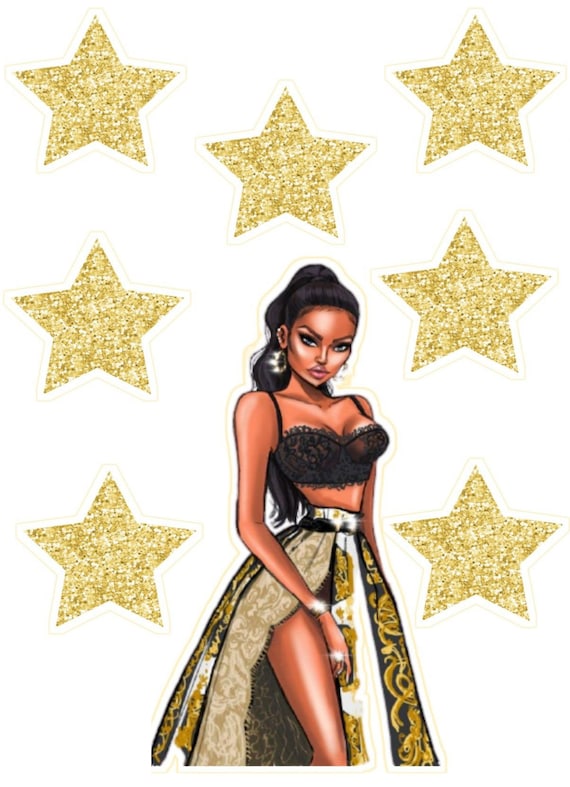 Dark Skin Girl in Dress Drawing Woman Mom Femme Edible Printed Cake Topper  - Etsy