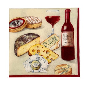 2 Decoupage Paper Dinner Napkins with Wine, Wine Glass and Cheese Design