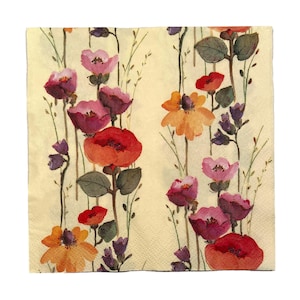 2 Decoupage Paper Dinner Napkins with a Pale Yellow Background, watercolor design Orange, Rust, Pink and Purple Flowers