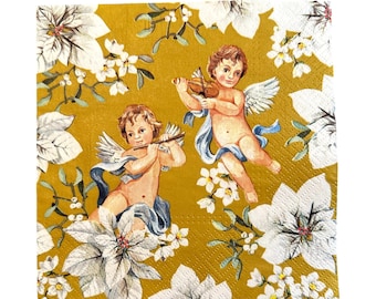 2 Decoupage Paper Luncheon Napkins with Angels with a Gold Background & Flowers
