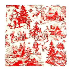 May include: A red and white Christmas-themed toile pattern featuring Santa Claus, reindeer, cabins, and pine trees. The detailed illustration depicts a winter landscape with figures and stars, creating a festive holiday scene.