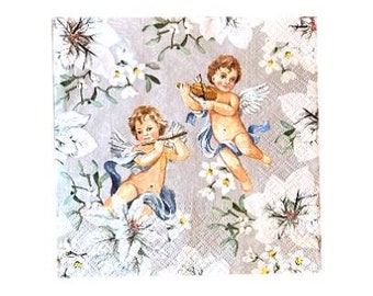 2 Decoupage Paper Luncheon Napkins with Angels, Silver Background with Flowers