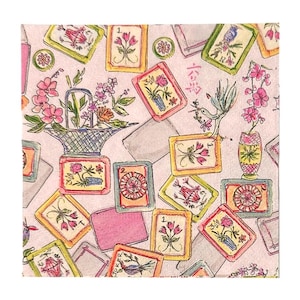 May include: A patterned design featuring playing card-like illustrations with floral and bird motifs, along with vases and a basket of flowers. The color palette includes pink, yellow, green, and blue on a light pink background.