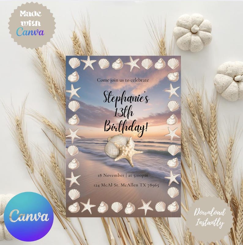 Shell For Invitation Shells Theme Birthday Editable Template Invitation - Etsy