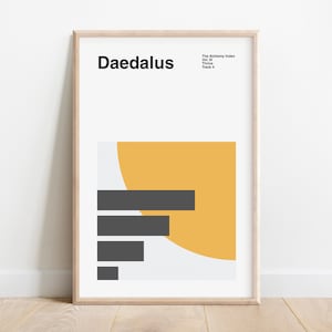 Peut inclure: Une affiche encadrée au design minimaliste. L'impression présente le mot "Daedalus" en gras noir en haut, avec le texte "The Alchemy Index Vol. III Thrice Track 4" en plus petit. En dessous, il y a des rectangles gris et un demi-cercle jaune.