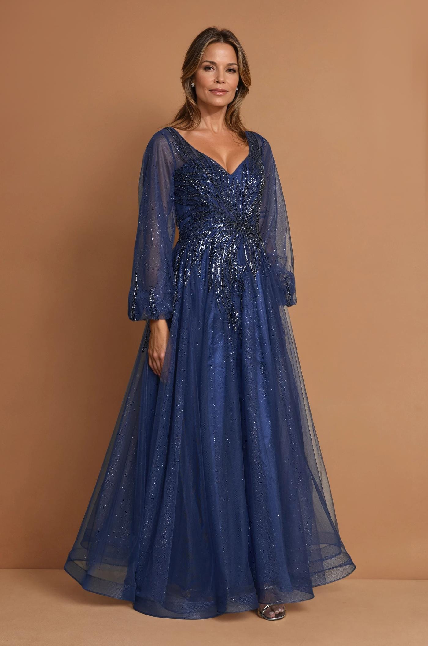 slim fit dress slacks Blue Planet | Round Neck Long Sleeve Loose Sequin Dress