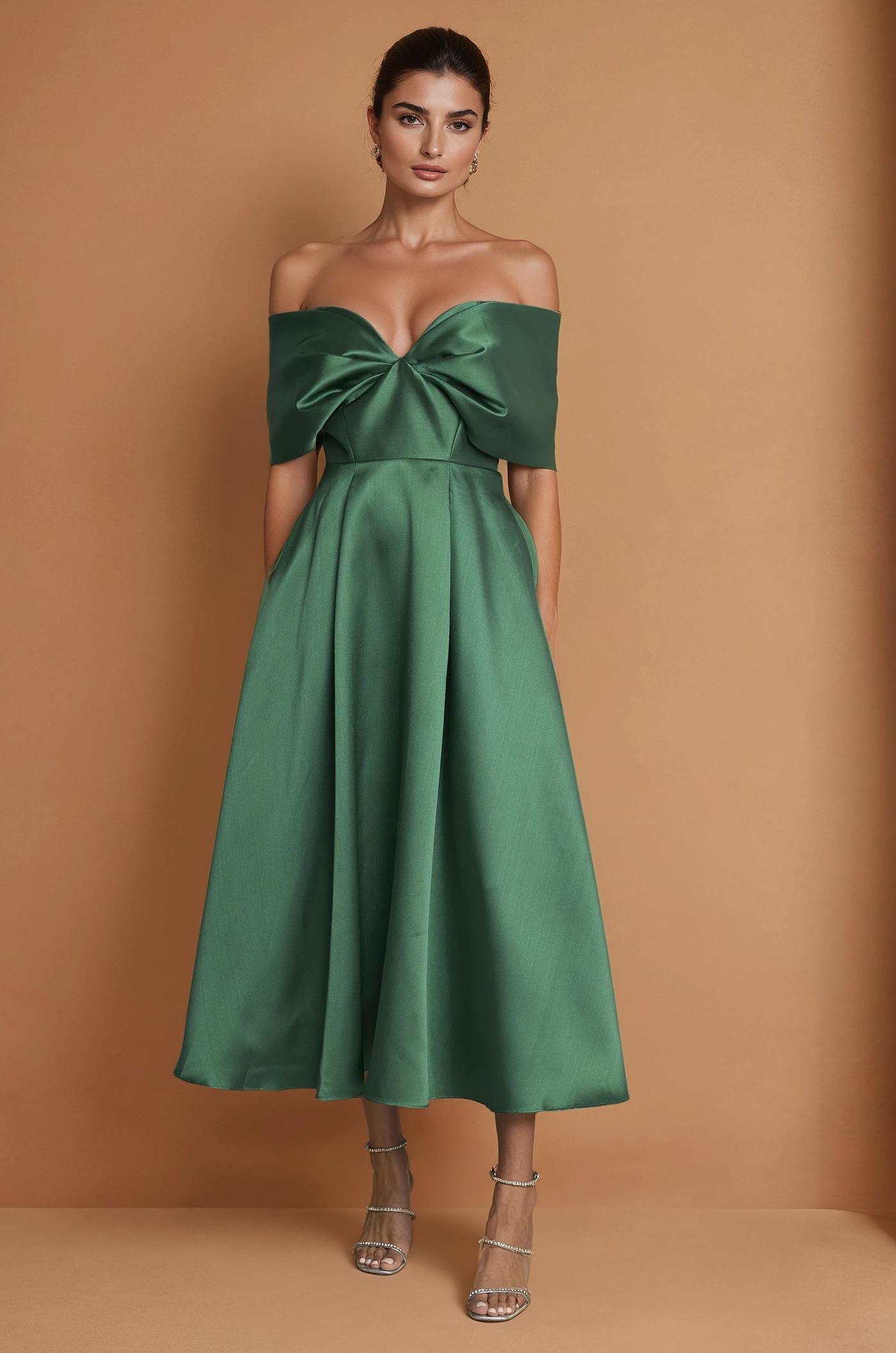 sachin and babi light blue dress Elegant Emerald Green Satin Midi Dress with Adjustable Straps and Side Slit main image 1