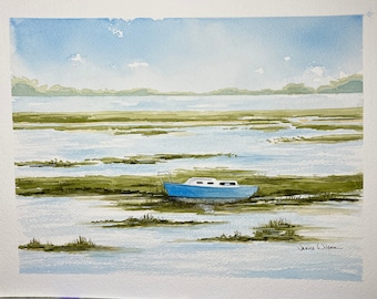 Little Blue Boat of Hilton Head, Giclee Print of Original Fine Art Watercolor