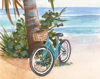 Giclee Print of Original Fine Art Watercolor Painting, Blue Bike by the Beach