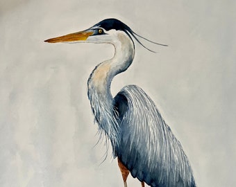 Great Blue Heron Original Fine Art Watercolor Painting, One of a Kind, Heron on the Rocks size 22" X 30”