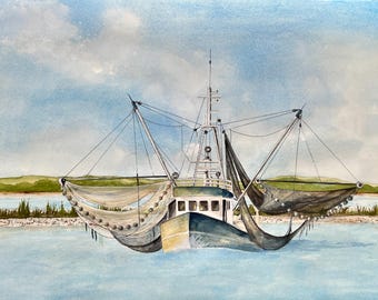 Garnelen Boot, Giclée-Druck von Original Aquarellmalerei
