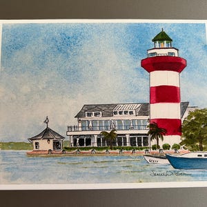 Wenskaart, notitiekaart, vuurtoren Harbour Town, rood-witte vuurtoren, blanco binnenkant, set van 10