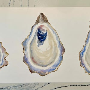 Trio di conchiglie di ostriche, stampa giclée di un dipinto ad acquerello originale, pezzo unico, costiero, bellissimo, 15 x 35