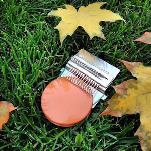May include: A close-up of a metal knitting loom with a brown plastic base. The loom is surrounded by fallen autumn leaves.