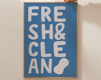 Blue Bathroom Print, Fresh & Clean, Modern Doodle Art