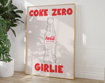 Coke Zero Art Work, Retro Drink Wall Art, Fun Home Decor, Coke Zero Gift Ideas, Trendy Kitchen Decor, Girly Drink Poster, Red Kitchen Art