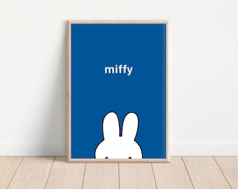 Miffy Poster, Cute Rabbit Wall Art, White Bunny Print, Blue Nursery Decor, Cute Little Girls Bedroom Poster
