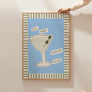 Martini print, barwagen kunst aan de muur, cocktail print groen, dopamine decor, blauwe keuken muur kunst, handgetekende esthetische muur kunst, alcohol print, groene cocktail print