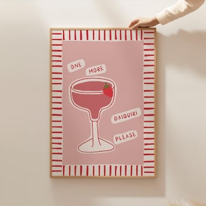 Póster de cóctel rosa, arte mural de carrito de bar, póster de daiquiri, impresión de cocina en rojo y rosa, impresión de alcohol, arte mural rosa de moda, decoración de dopamina