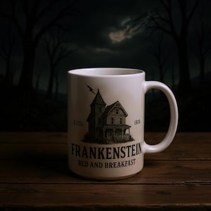 Spooky Frankenstein Bed & Breakfast Mug - Haunted House Design - Perfect Halloween Gift