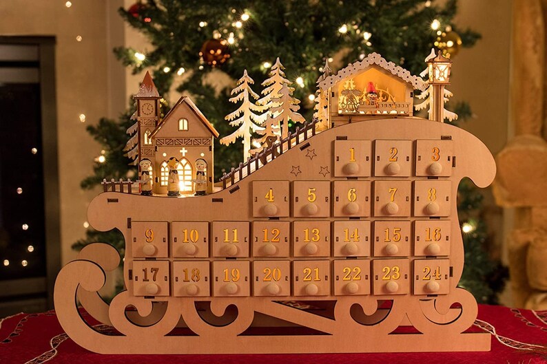 Traditional Advent Calendar Sleigh Wood With Lights and 24 Etsy