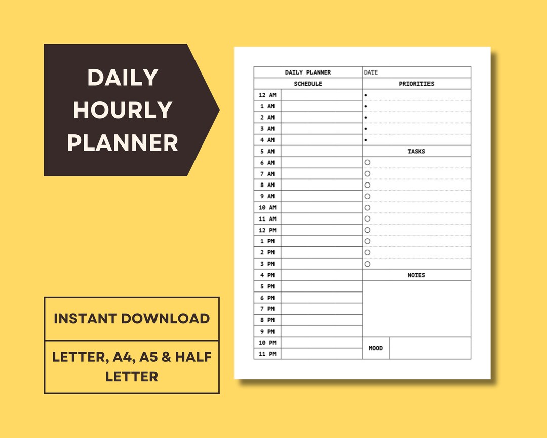Printable Daily Hourly Planner Printable Daily Planner Etsy