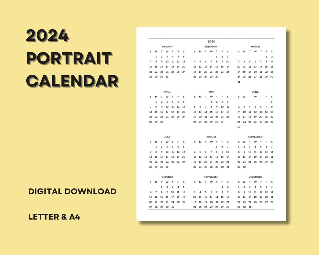 Printable 2024 Portrait Calendar, 2024 Calendar, Printable Calendar
