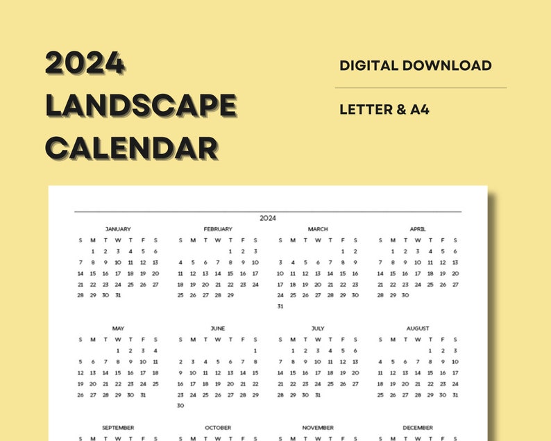 Printable 2024 Landscape Calendar, 2024 Calendar, Printable Calendar