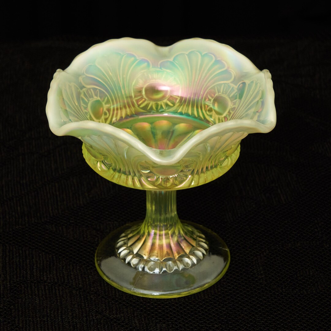 Fenton Vaseline Glass Compote Candy Dish, Vintage Yellow Opalescent ...