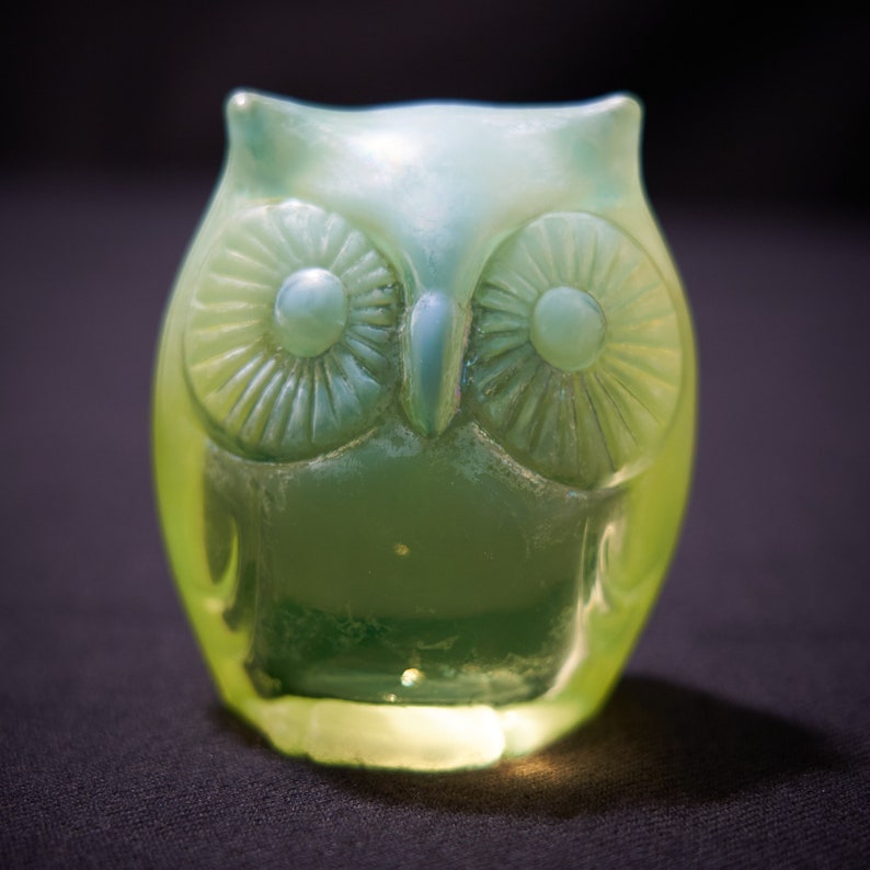 Fenton Vaseline Glass Owl Vintage Yellow Opalescent Uranium Etsy