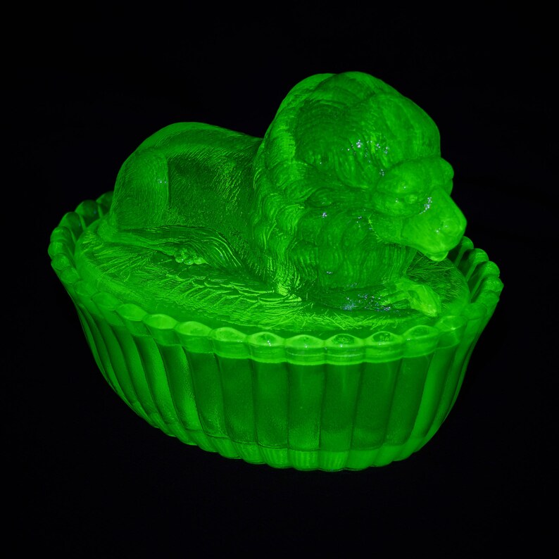 Westmoreland Vaseline Glass Lion Candy Dish Vintage Yellow Etsy